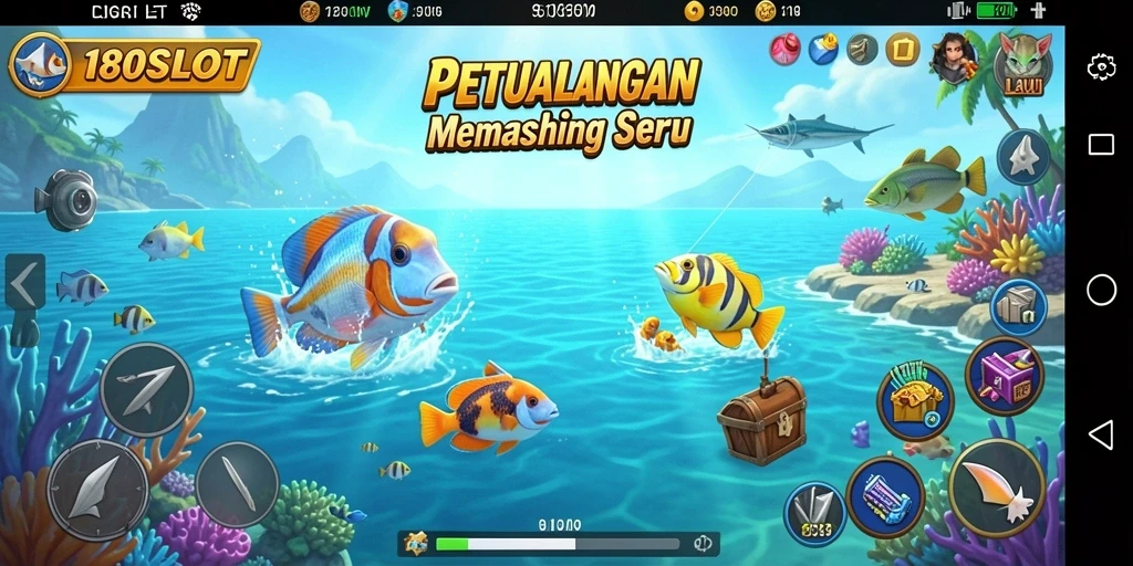 Screenshot gameplay 180SLOT menunjukkan momen seru menangkap ikan besar di laut.