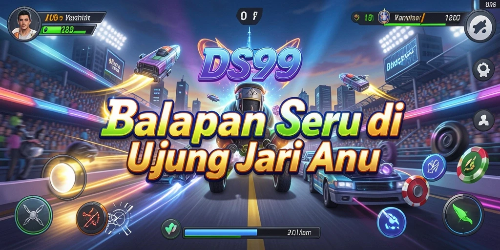 Tangkapan layar permainan DS99 menampilkan aksi balapan yang seru.
