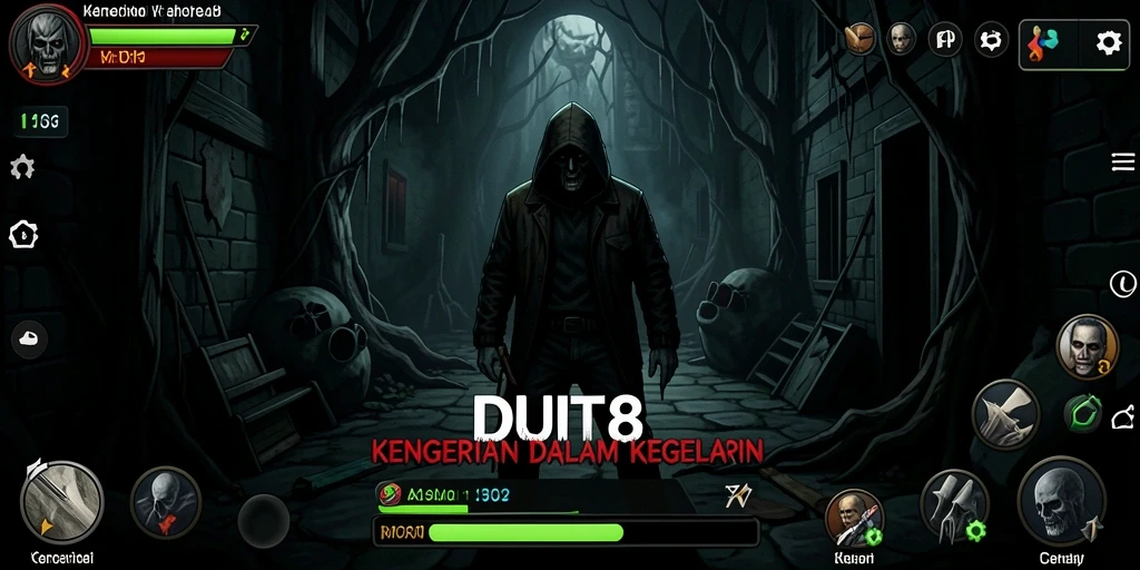 Tangkapan layar gameplay DUIT8 menampilkan suasana mencekam yang menakutkan.